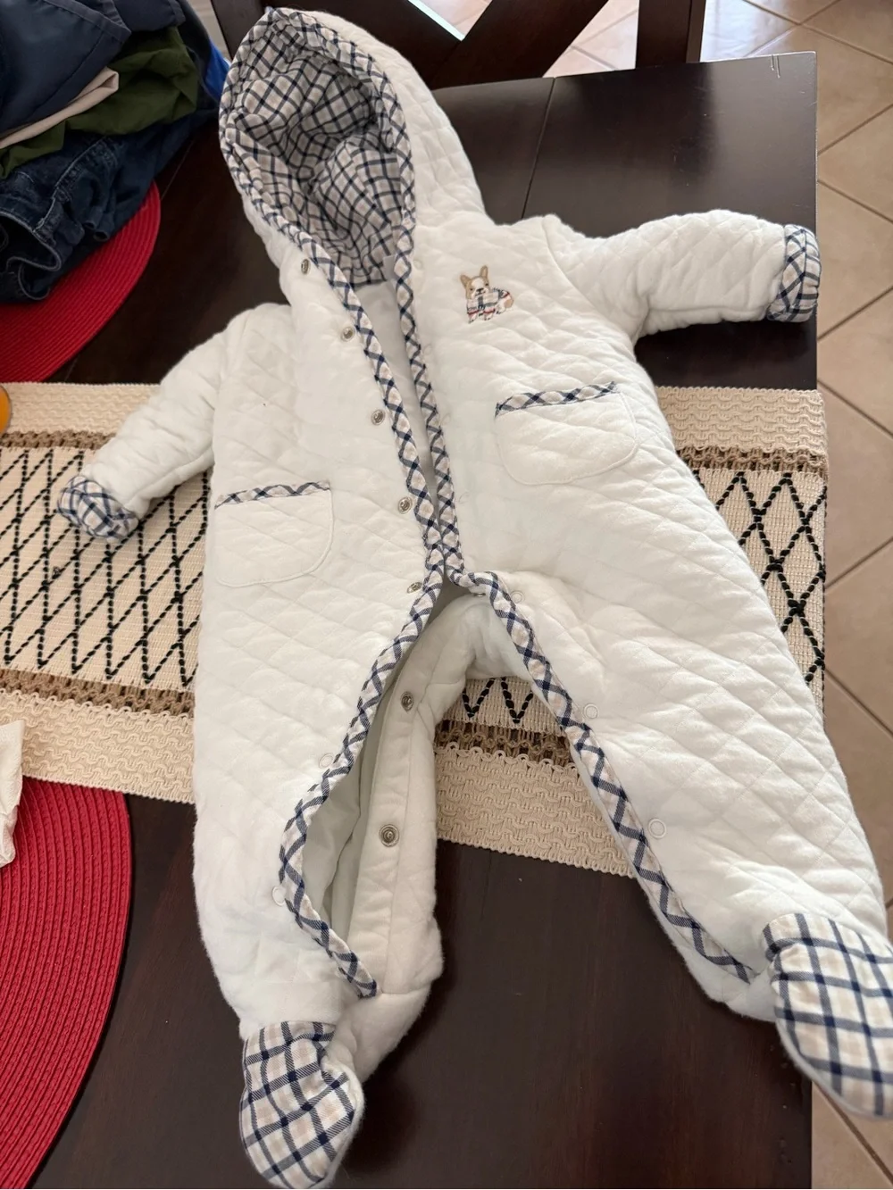 Little Me Cream and Navy Plaid Quilted Baby Footed pram